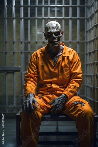 A zombie in an orange jail uniform sitting in prison. © Alan