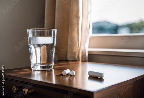A half-empty glass of water next to a bottle of pills on a nightstand