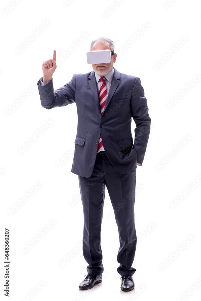 Old businessman wearing virtual glasses isolated on white Old businessman wearing virtual glasses isolated on white