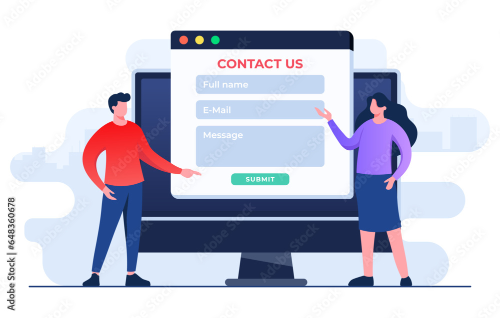 Contact Us form on desktop screen flat illustration for web banner, mobile app, landing page, business presentation, website banner, Customer support, customer service, online support, help desk Contact Us form on desktop screen flat illustration for web banner, mobile app, landing page, business presentation, website banner, Customer support, customer service, online support, help desk