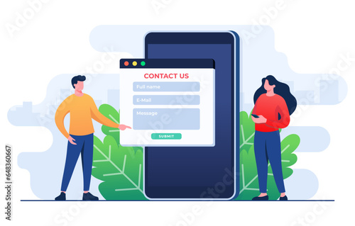 Contact Us form on smartphone screen flat illustration for web banner, mobile app, landing page, business presentation, website banner, Customer support, customer service, online support, help desk