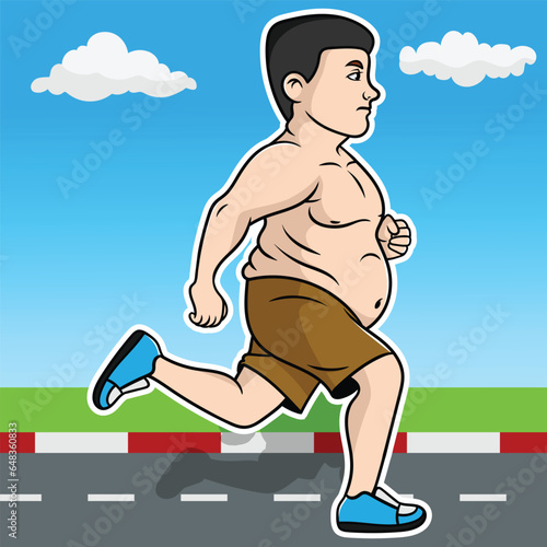 Overweight chubby young man Jogging, Fat man running to lose weight, Chubby athlete suffering. Fitness lifestyle, Obese man running outdoors, Vector cartoon fat man Jogging tired.