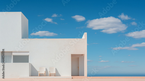 Design the exterior of a minimalist house against a blue sky. Crop plan of a residential house on the background of a clear blue sky.