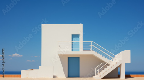 Design the exterior of a minimalist house against a blue sky. Crop plan of a residential house on the background of a clear blue sky.