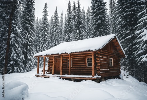 A lost hiker stumbling upon a secluded cabin in a snow-covered forest © Sohel