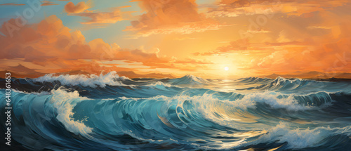 Beautiful seascape. Ocean waves at sunset. Digital oil color painting. 