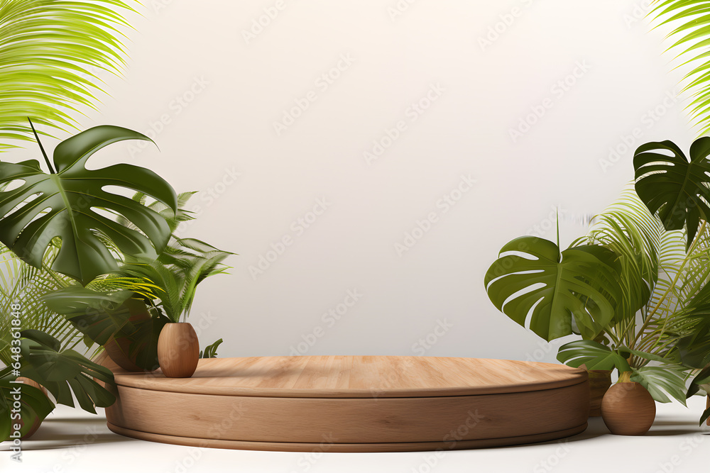 Wooden podium in tropical plants green trees, Blank minimal 3D wooden stage for products display presentation design, ai generate Wooden podium in tropical plants green trees, Blank minimal 3D wooden stage for products display presentation design, ai generate