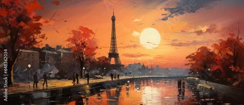 Eiffel Tower in Paris at sunset, France. Digital oil color painting.
