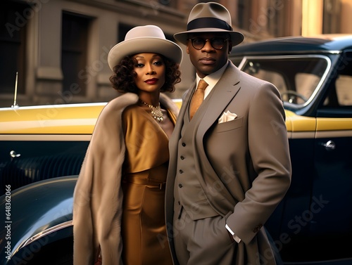 1950s African American couple dressed up in fancy clothing posing in Harlem in front of a luxury car.