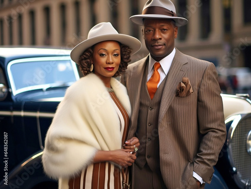 1950s African American couple dressed up in fancy clothing posing in Harlem in front of a luxury car. 
