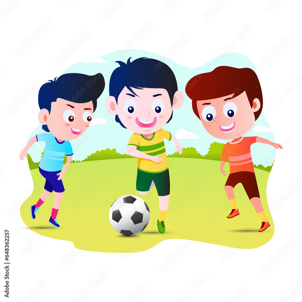 Kids Playing Football Cartoon Vector Illustration