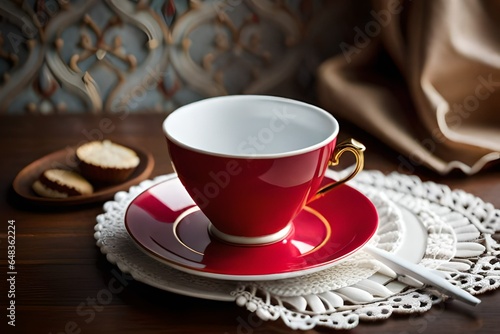 A close-up of a vintage porcelain teacup and saucer, set on a lace doily atop an ornate coffee table in a dimly lit Victorian parlor, coffee cup, tea cup, cup 