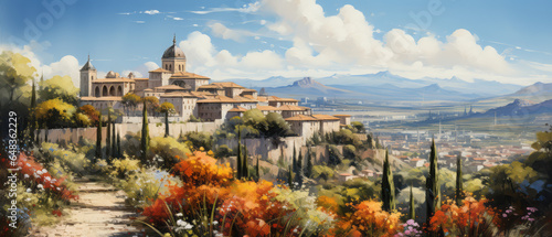 Beautiful panoramic view of Segovia, Spain. Digital oil color painting.
