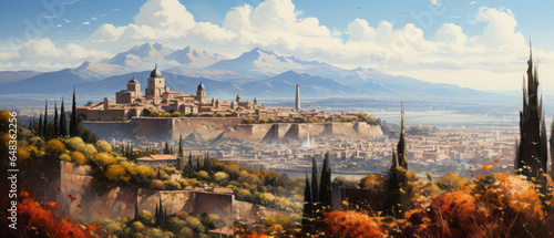 Panoramic view of Segovia, Castilla y Leon, Spain. Digital oil color painting. 