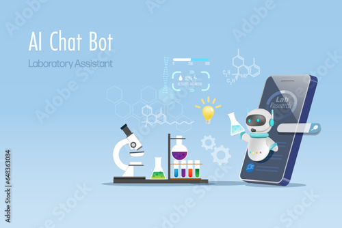 AI Artificial Intelligence robot online experiment in laboratory research with smart solution. AI chat bot as biotechnology assistant, research and development innovation technology. Vector.