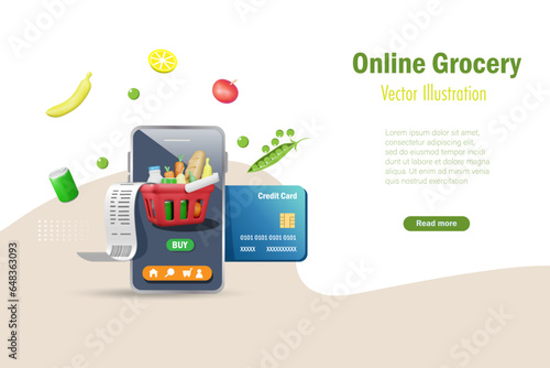 Online grocery shopping with credit card payment. Grocery products and bill receipt in shopping basket on smartphone app. Foods and drink, E-commerce, internet mobile application, 3D vector.