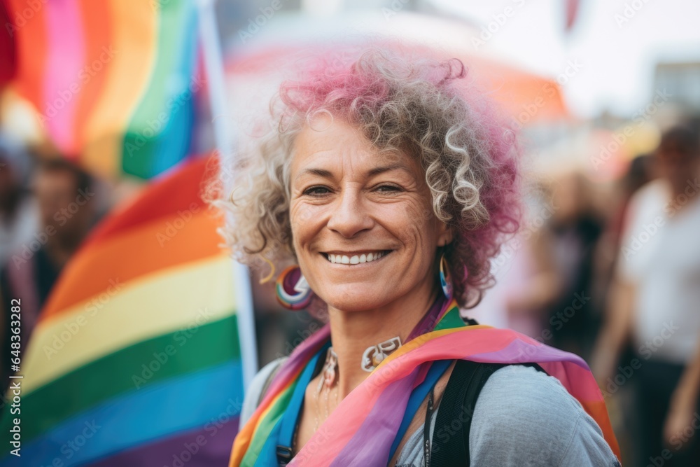 Smiling portrait of a caucasian senior non binary or agender person at a pride parade in the city