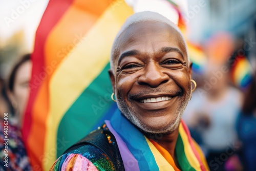 Smiling portrait of a senior non binary or agender person celebrating the pride parade in the city