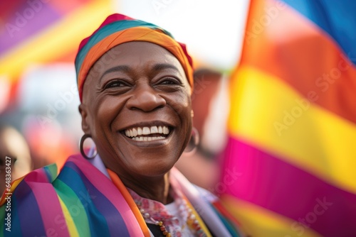 Smiling portrait of a senior non binary or agender person celebrating the pride parade in the city photo