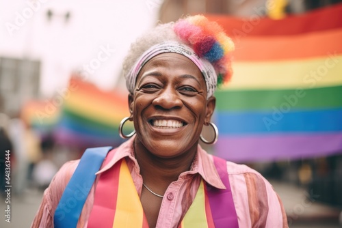 Smiling portrait of a senior non binary or agender person celebrating the pride parade in the city
