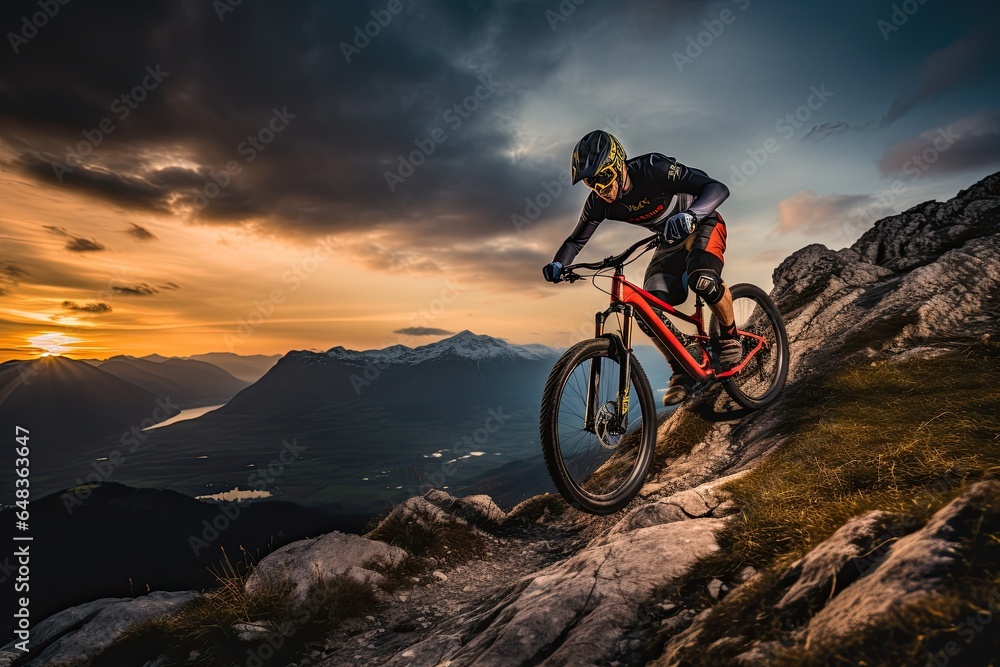 A cyclist rides a bicycle on an extreme descent. Adrenalin. Gambling mood. Montains during sunset on background.