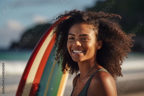Smiling portrait of a happy female african american surfer on a beach in California © Baba Images