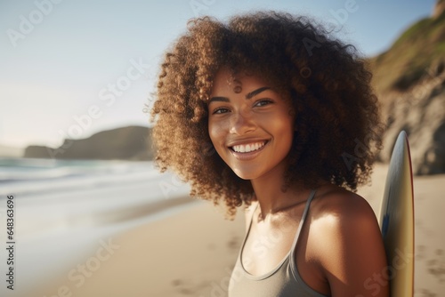 Smiling portrait of a happy female african american surfer on a beach in California