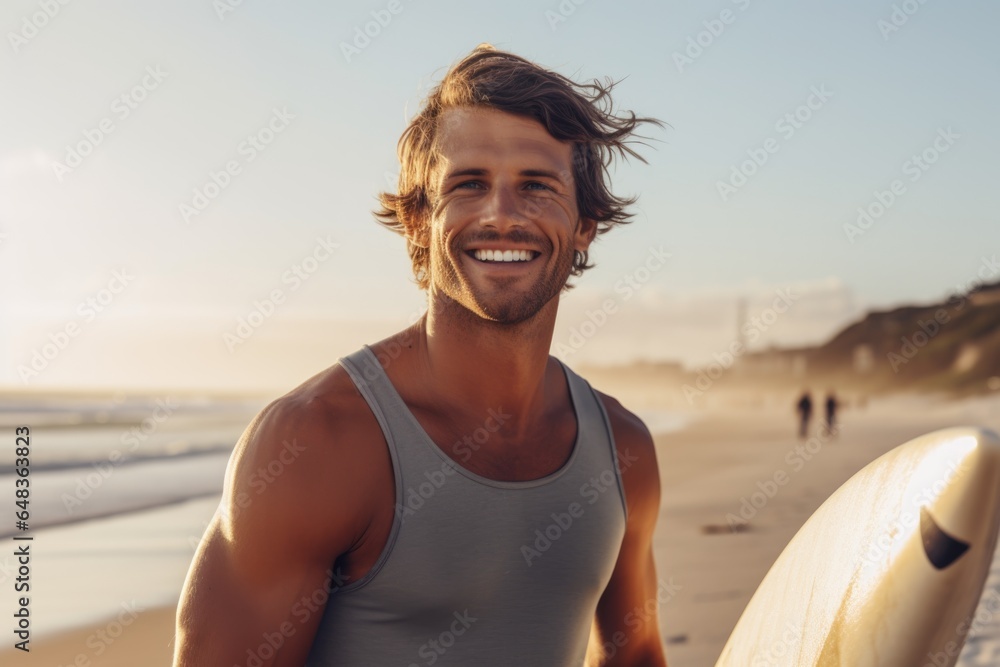 Smiling portrait of a happy male caucasian surfer on a sandy beach - obrazy, fototapety, plakaty 