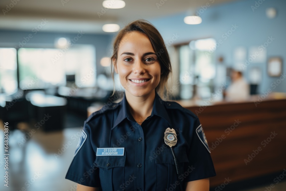 Fototapeta premium Smiling portrait of a happy female caucasian police officer in a police station in the USA
