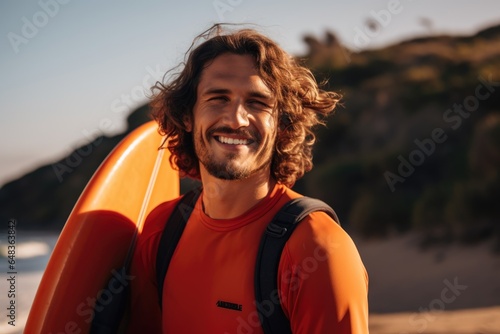 Smiling portrait of a happy male caucasian surfer on a sandy beach © Baba Images