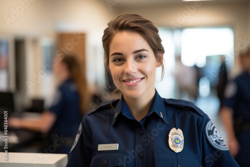 Smiling portrait of a happy female caucasian police officer in a police station in the USA