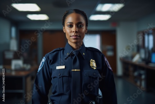 Smiling portrait of a happy female african american police officer in a police station in the USA