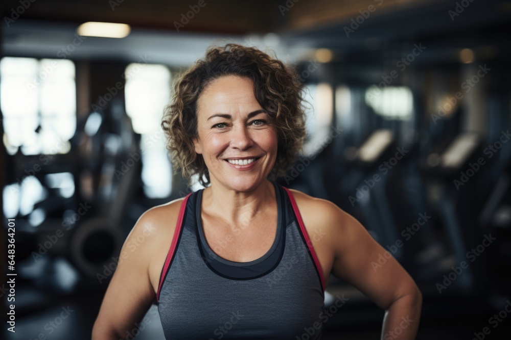 Fototapeta premium Smiling portrait of a happy senior caucasian body positive woman in an indoor gym