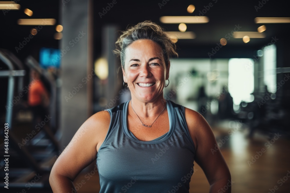 Smiling portrait of a happy senior caucasian body positive woman in an indoor gym Smiling portrait of a happy senior caucasian body positive woman in an indoor gym