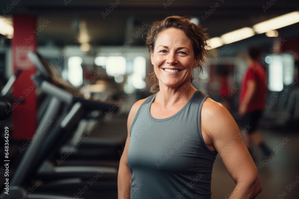 Smiling portrait of a happy senior caucasian body positive woman in an indoor gym Smiling portrait of a happy senior caucasian body positive woman in an indoor gym