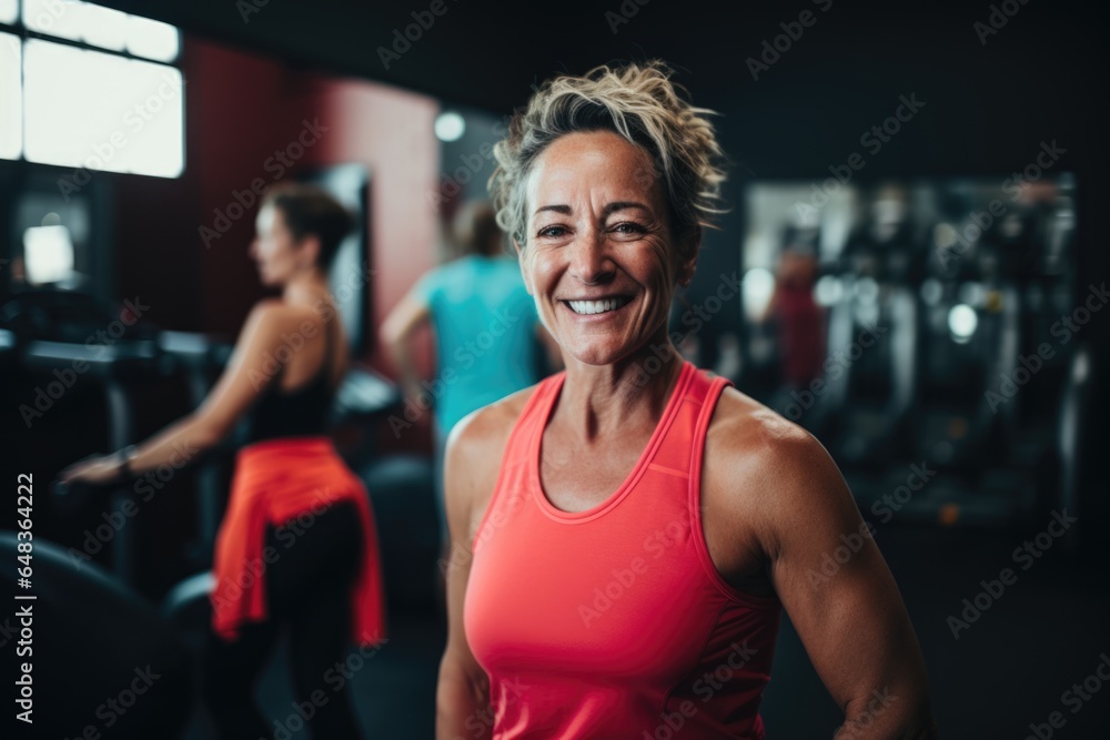 Smiling portrait of a happy senior caucasian body positive woman in an indoor gym