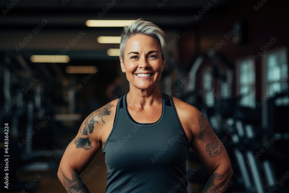 Fototapeta premium Smiling portrait of a happy senior caucasian body positive woman in an indoor gym