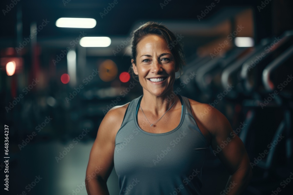 Smiling portrait of a happy senior caucasian body positive woman in an indoor gym