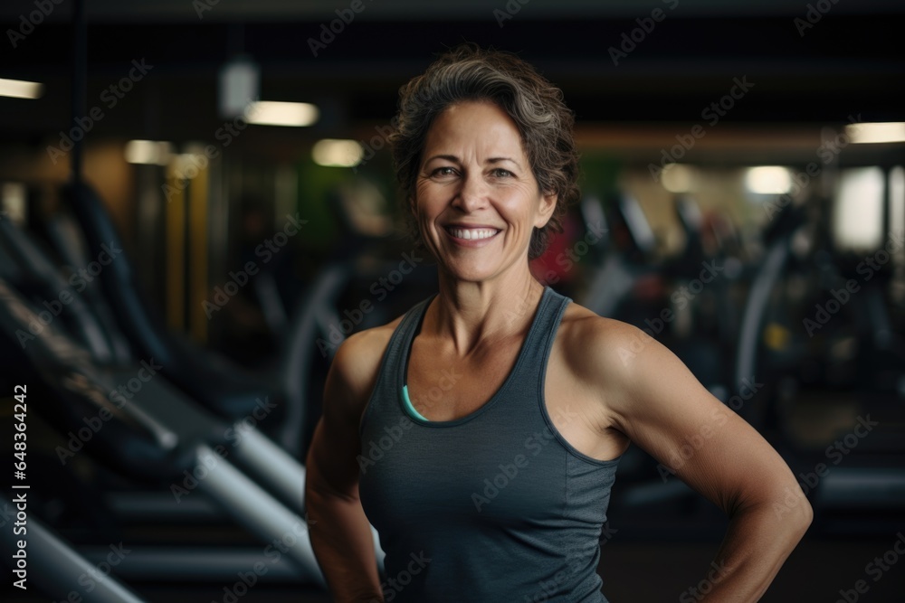 Smiling portrait of a happy senior caucasian body positive woman in an indoor gym