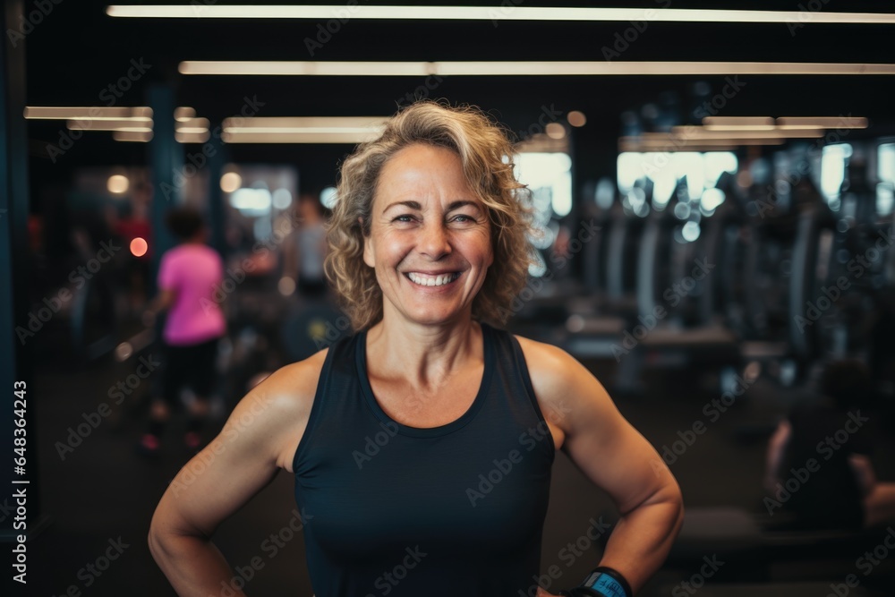 Smiling portrait of a happy senior caucasian body positive woman in an indoor gym