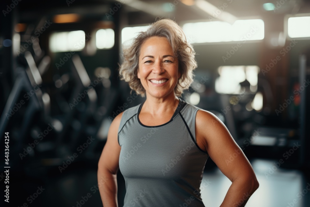 Fototapeta premium Smiling portrait of a happy senior caucasian body positive woman in an indoor gym