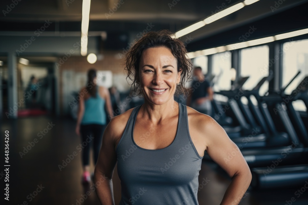 Smiling portrait of a happy senior caucasian body positive woman in an indoor gym