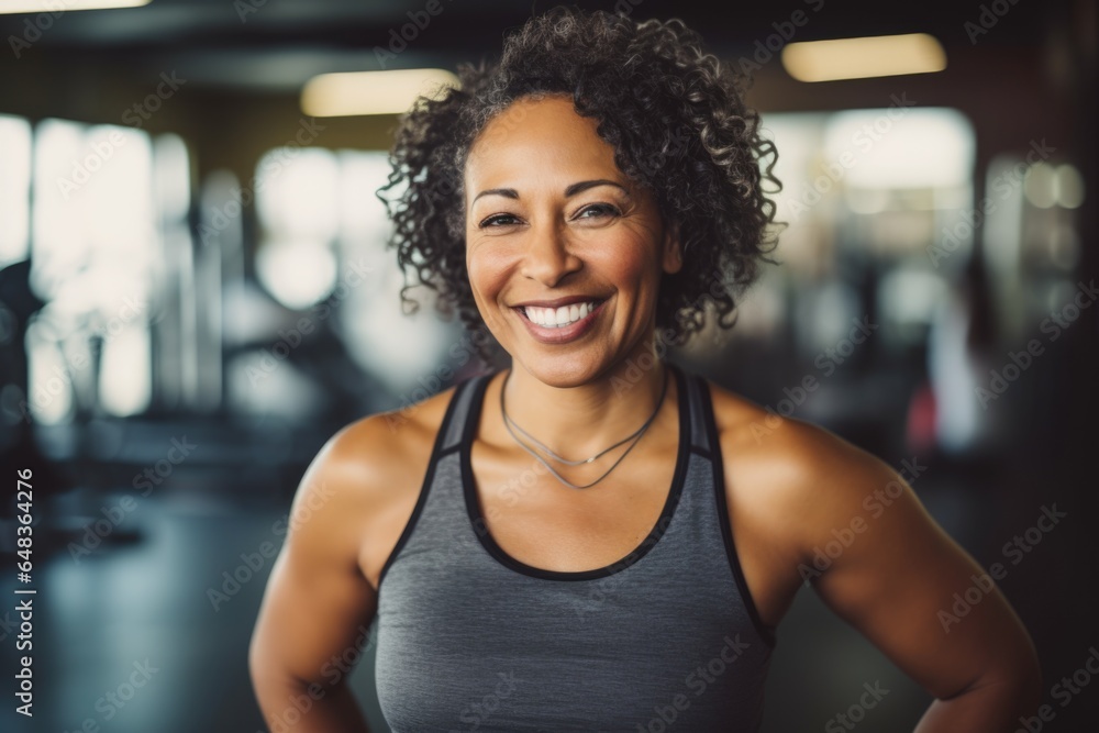 Smiling portrait of a happy african american body positive senior woman in an indoor gym Smiling portrait of a happy african american body positive senior woman in an indoor gym
