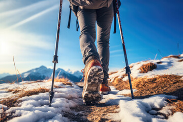 Back view of a man hiking alone in a winter mountains with trekking poles