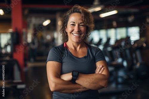 Smiling portrait of a happy senior caucasian body positive woman in an indoor gym