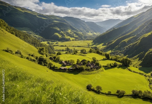 A peaceful valley with a hobbit's burrow.
