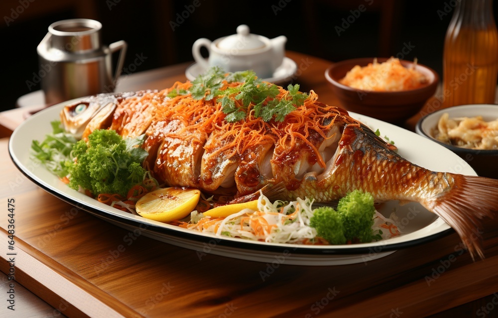Delicious fried fish on a Chinese dish on a wooden table at a restaurant. Generative AI Delicious fried fish on a Chinese dish on a wooden table at a restaurant. Generative AI