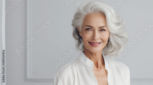 an old woman with short hair smiling in front of a gray background, timeless beauty