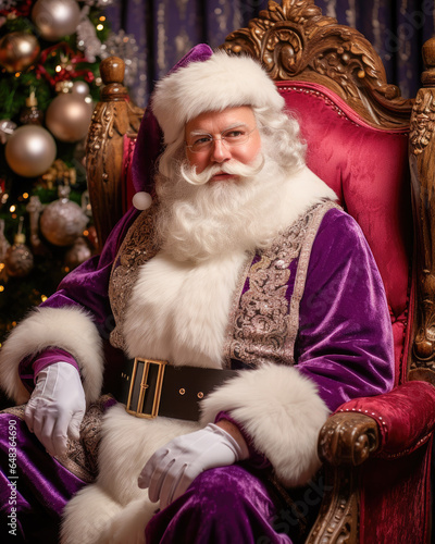 Joyful old man dressed as Santa Claus, looking at the camera in a cozy, festive studio