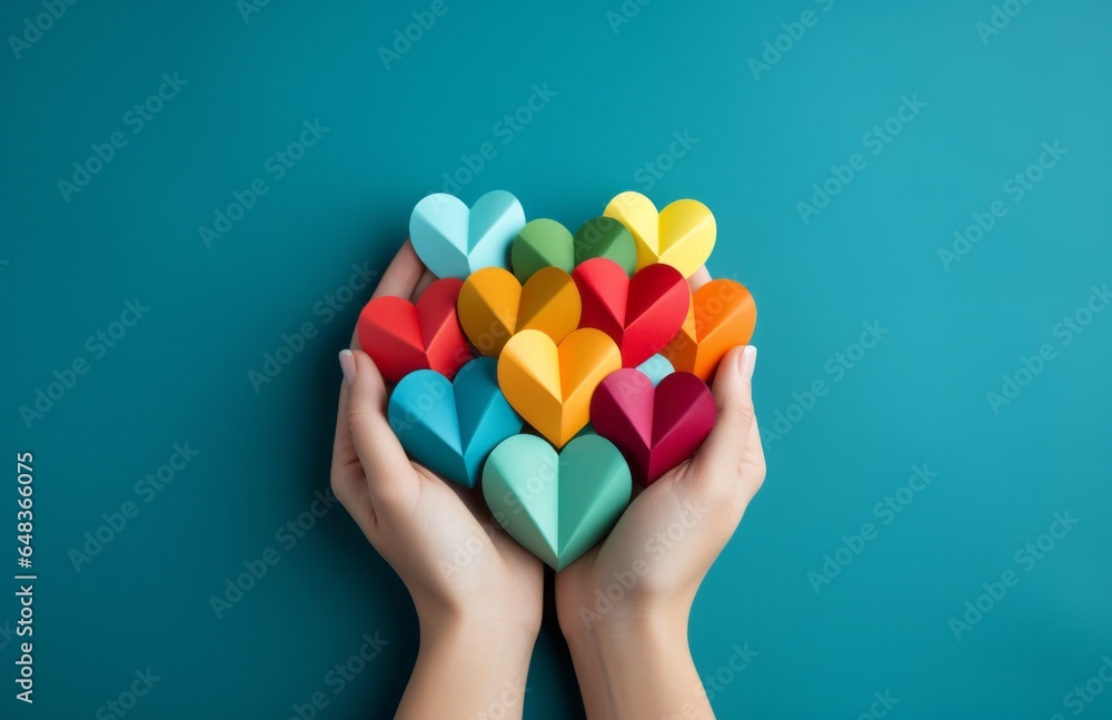 Photo of a person holding a handful of colourful paper heart-shaped origami created with Generative AI technology - obrazy, fototapety, plakaty 
